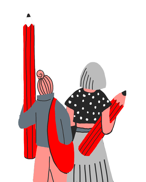 Zwei Schülerinnen von hinten halten große Stifte unter den Armen (Grafik)