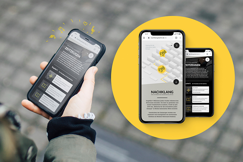 Drei verschiedene Seiten der Website Nachklang aufgerufen auf drei iPhones