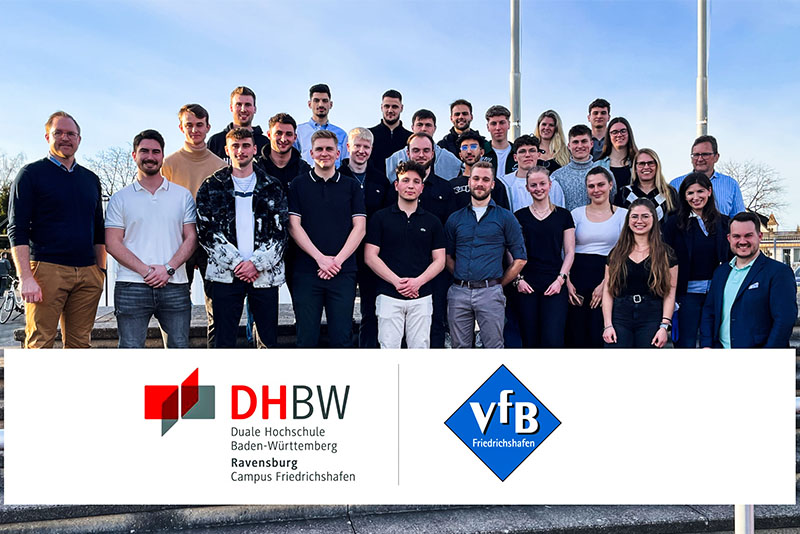 Foto von den Verantwortlichen des VfB Friedrichshafen und Studierenden der DHBW Ravensburg.