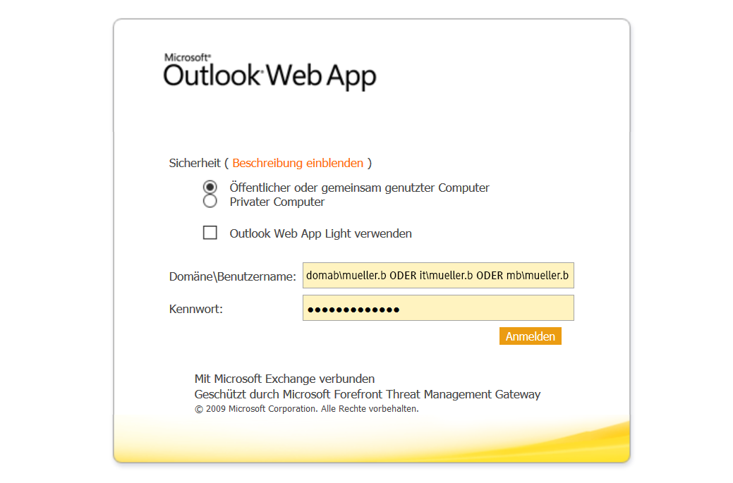 Screenshot der Outlook-Webapp-Anmeldemaske