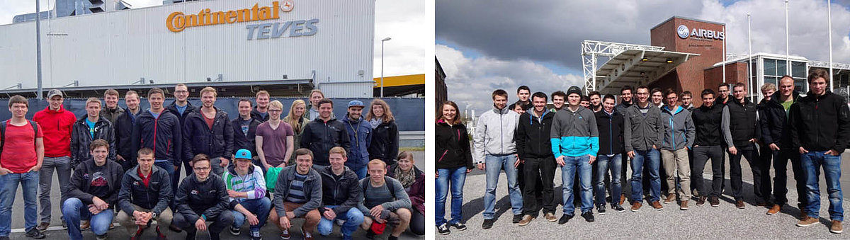 Exkursionen Maschinenbau Gruppenbild vor dem Gebäude von Continental und Airbus