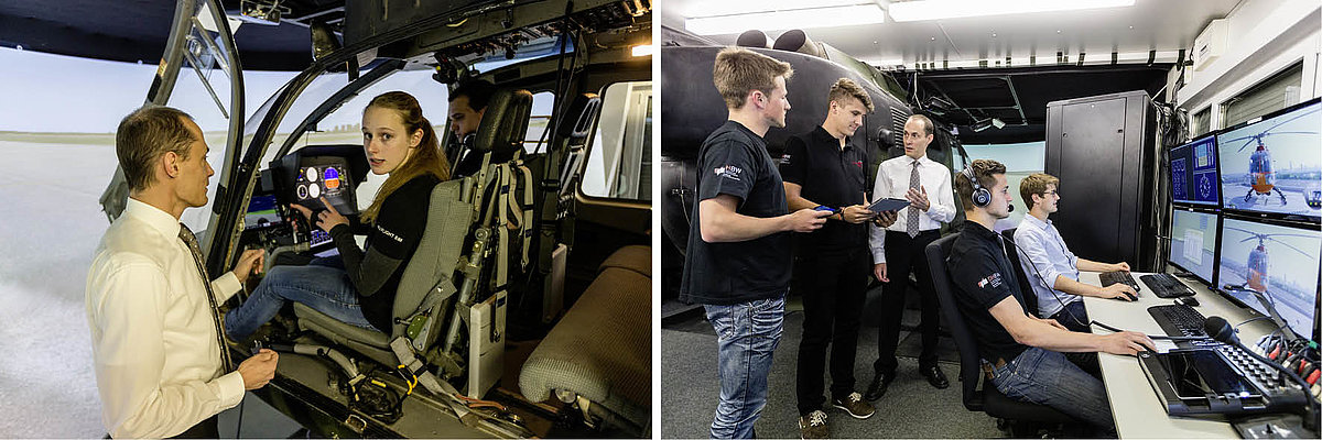 Links: Studierende im Helikopter, Rechts: Studierende vor vier PC-Bildschirmen, die einen Helikopter von mehreren Perspektiven zeigen