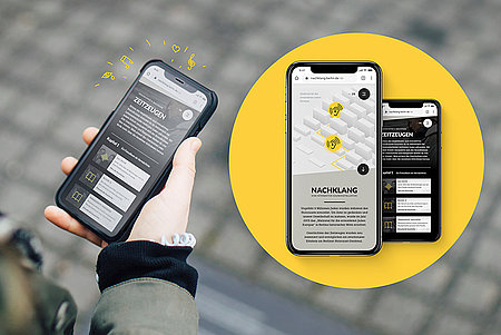 Drei verschiedene Seiten der Website Nachklang aufgerufen auf drei iPhones