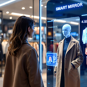 Frau vor einem smart mirror in einem modernen Einkaufszentrum