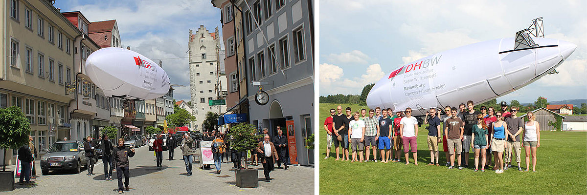 Weißes Luftschiff mit DHBW Logo in der Innenstadt Ravensburg und auf einer Wiese