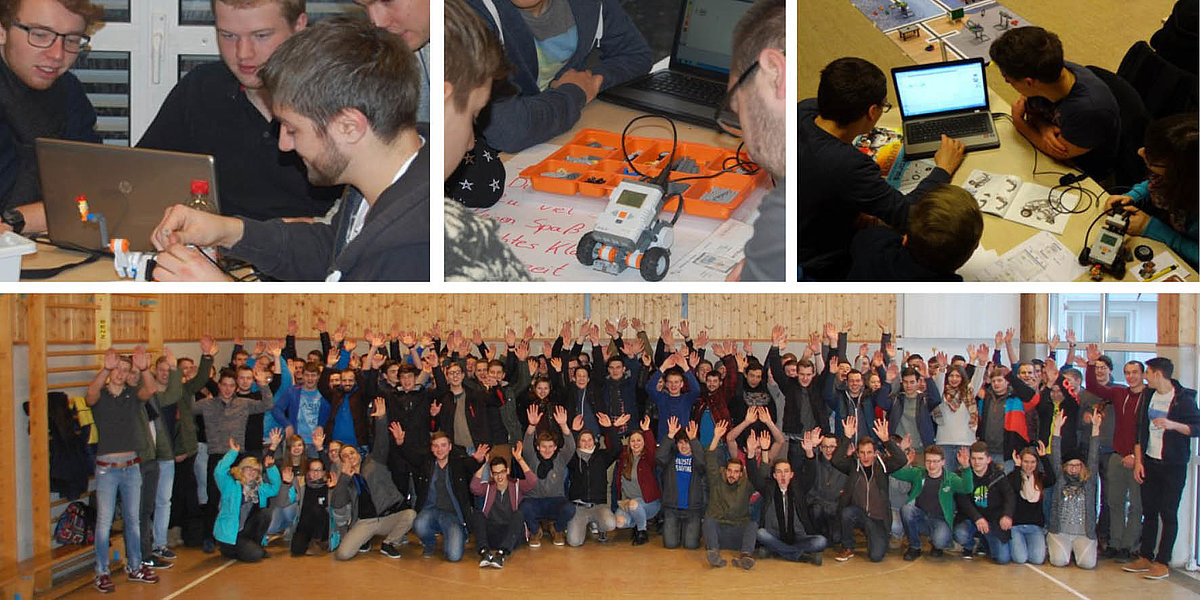 Erstsemester Einführungsveranstaltung Maschinenbau oben: Studierende bearbeiten gemeinsam ein Projekt, unten: Gruppenbild der Studierenden