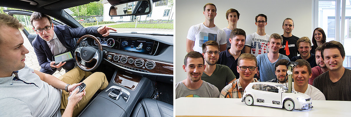 Rechts: Studierender in einem Mercedes Benz mit Fernsteuerung, Rechts: Studierende vor einem Miniatur-Auto